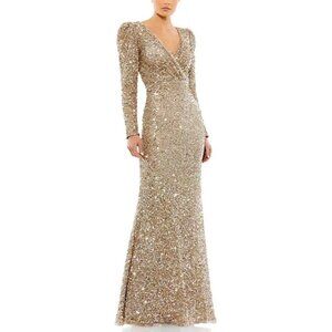NWT Mac Duggal Puff Shoulder Sequined Surplice Gown Shimmering Gold Size 18